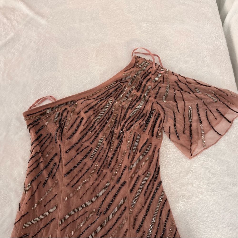 New Venus Dusty Rose Colored One Shoulder Intricate Beading Sheer Evening Gown 2 - Picture 6 of 10